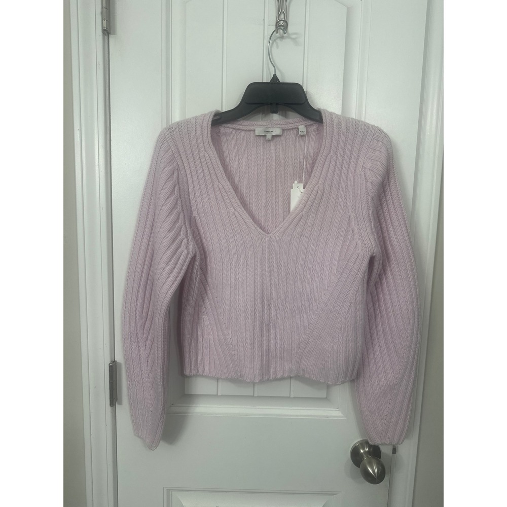 Vince Lilac Pink Ribbed V-Neck Wool Cashmere Sweater Womens Small Quiet Luxury